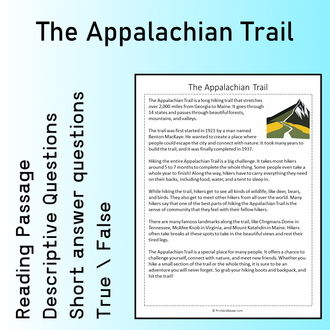 The Appalachian Trail | Reading Comprehension Passage Printable Worksheet