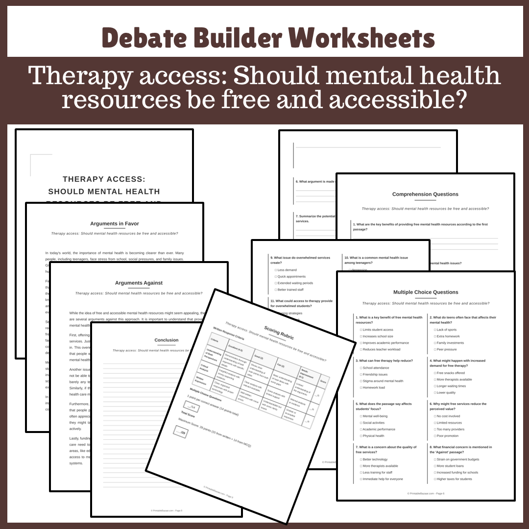 Therapy access: Should mental health resources be free and accessible? | Favour and Against Worksheet Printable Activity