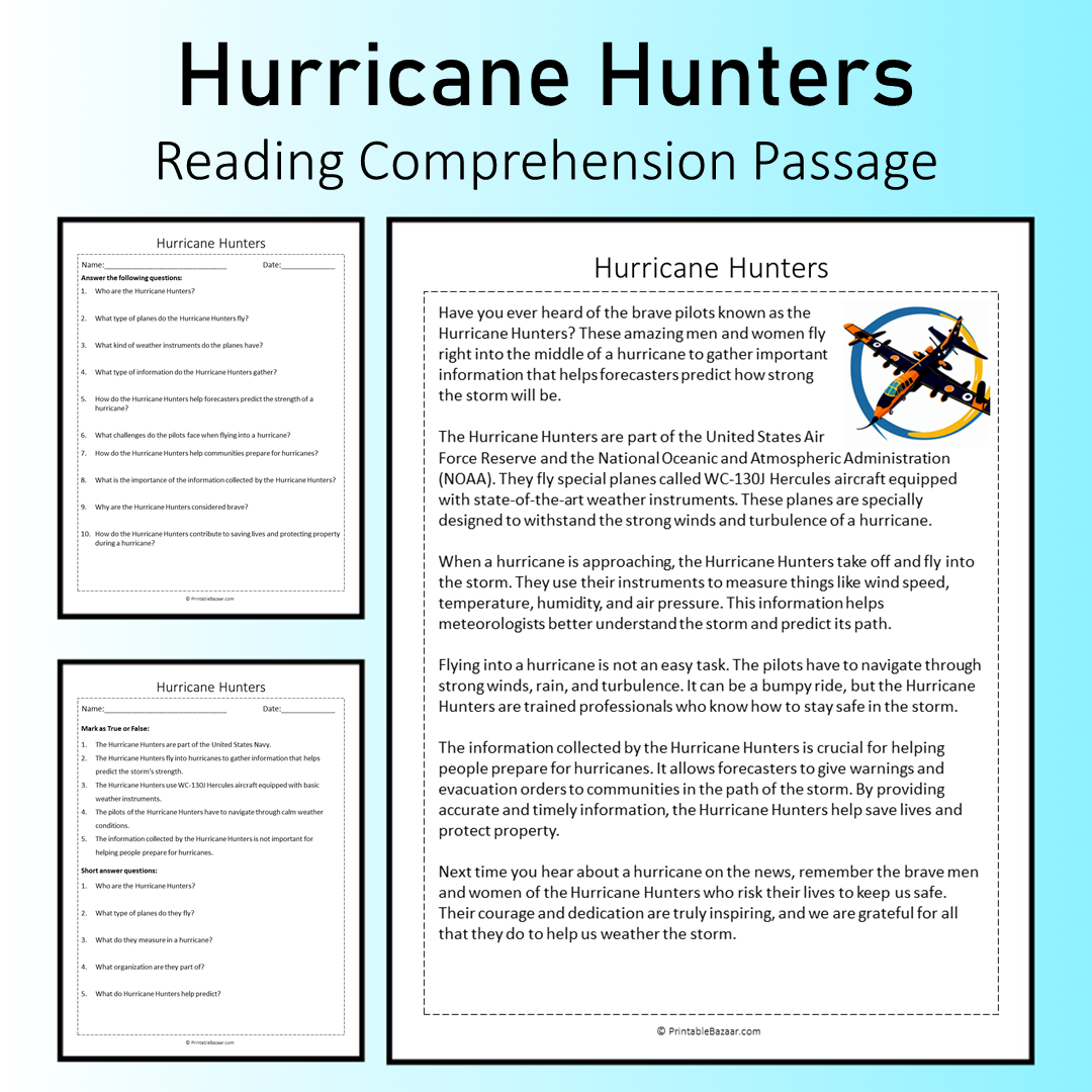 Hurricane Hunters | Reading Comprehension Passage Printable Worksheet