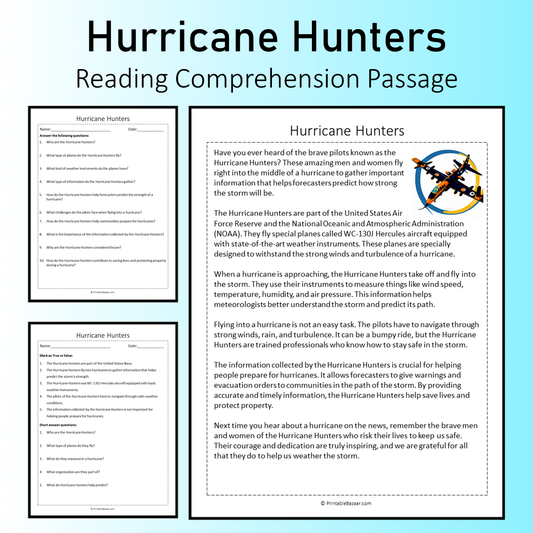 Hurricane Hunters | Reading Comprehension Passage Printable Worksheet