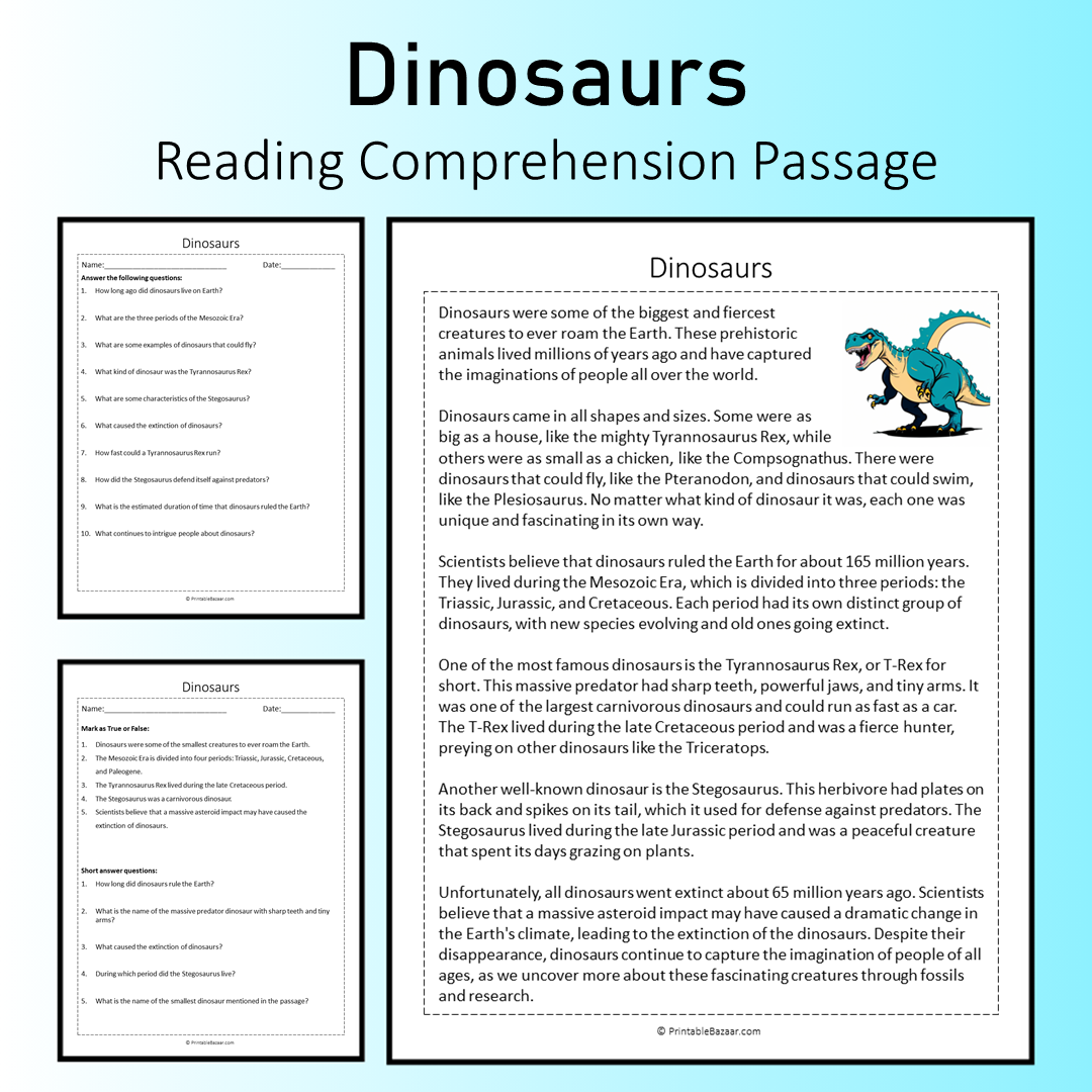 Dinosaurs | Reading Comprehension Passage Printable Worksheet