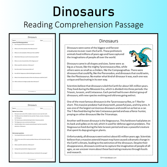 Dinosaurs | Reading Comprehension Passage Printable Worksheet