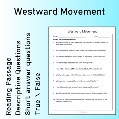 Westward Movement | Reading Comprehension Passage Printable Worksheet