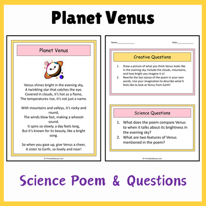 Planet Venus | Science Poem Reading Comprehension Activity