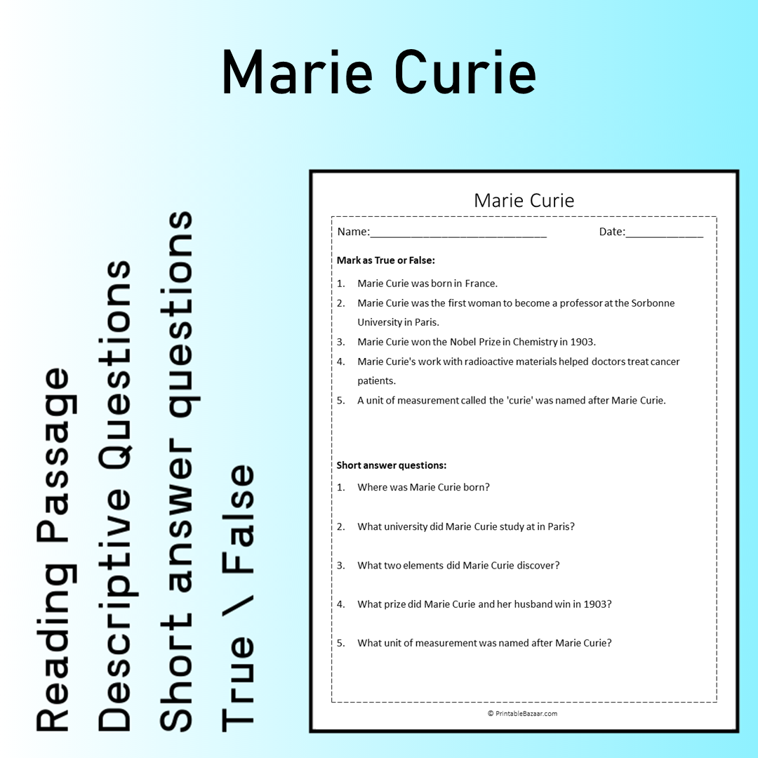 Marie Curie | Reading Comprehension Passage Printable Worksheet