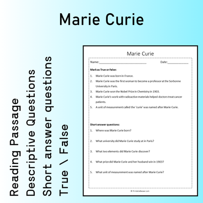 Marie Curie | Reading Comprehension Passage Printable Worksheet