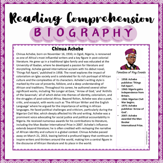 Chinua Achebe | Biography Reading Comprehension and Questions Worksheet