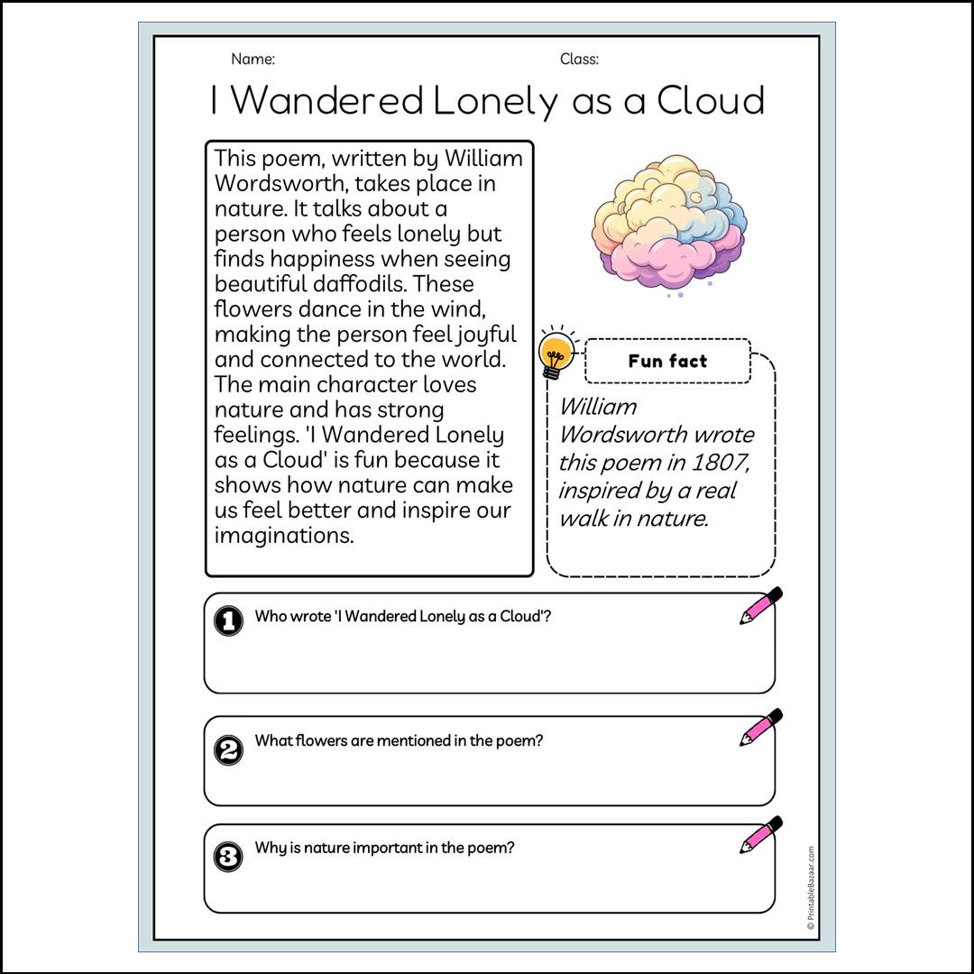 I Wandered Lonely as a Cloud | Reading Passage Comprehension Questions Writing Facts Worksheet