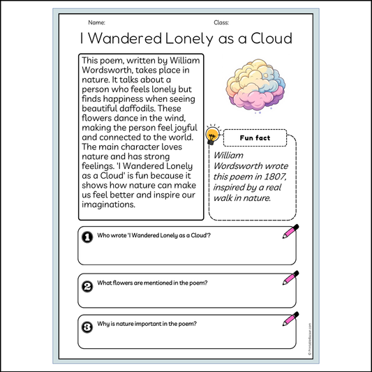 I Wandered Lonely as a Cloud | Reading Passage Comprehension Questions Writing Facts Worksheet