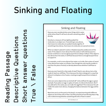 Sinking and Floating | Reading Comprehension Passage Printable Worksheet