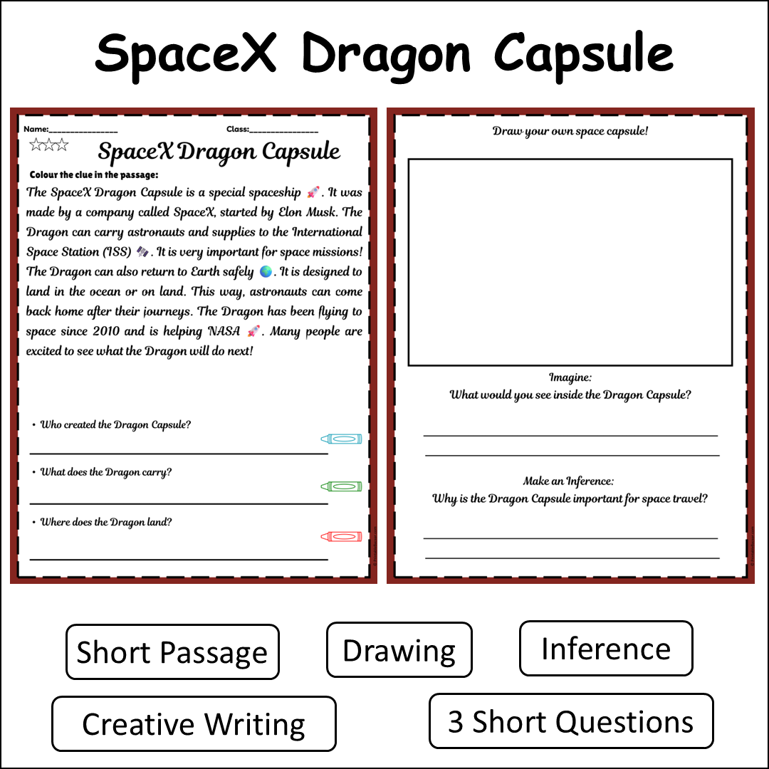 SpaceX Dragon Capsule | Short Reading Comprehension Creative Worksheet