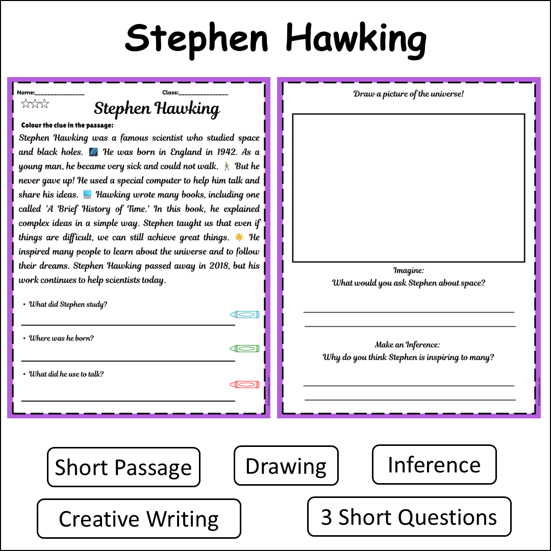 Stephen Hawking | Short Reading Comprehension Creative Worksheet