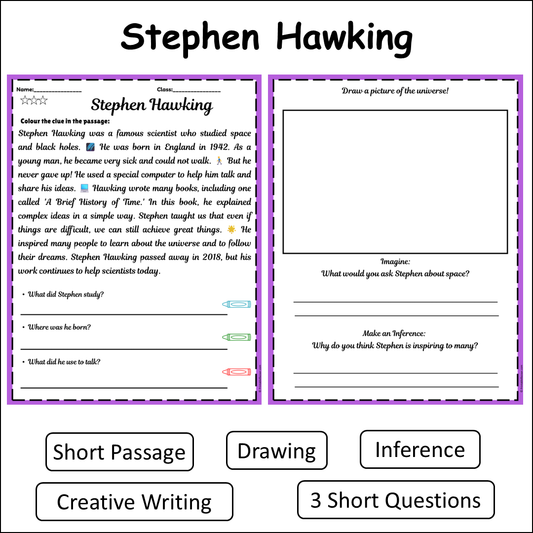 Stephen Hawking | Short Reading Comprehension Creative Worksheet