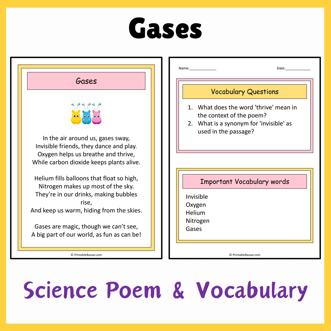 Gases | Science Poem Reading Comprehension Activity