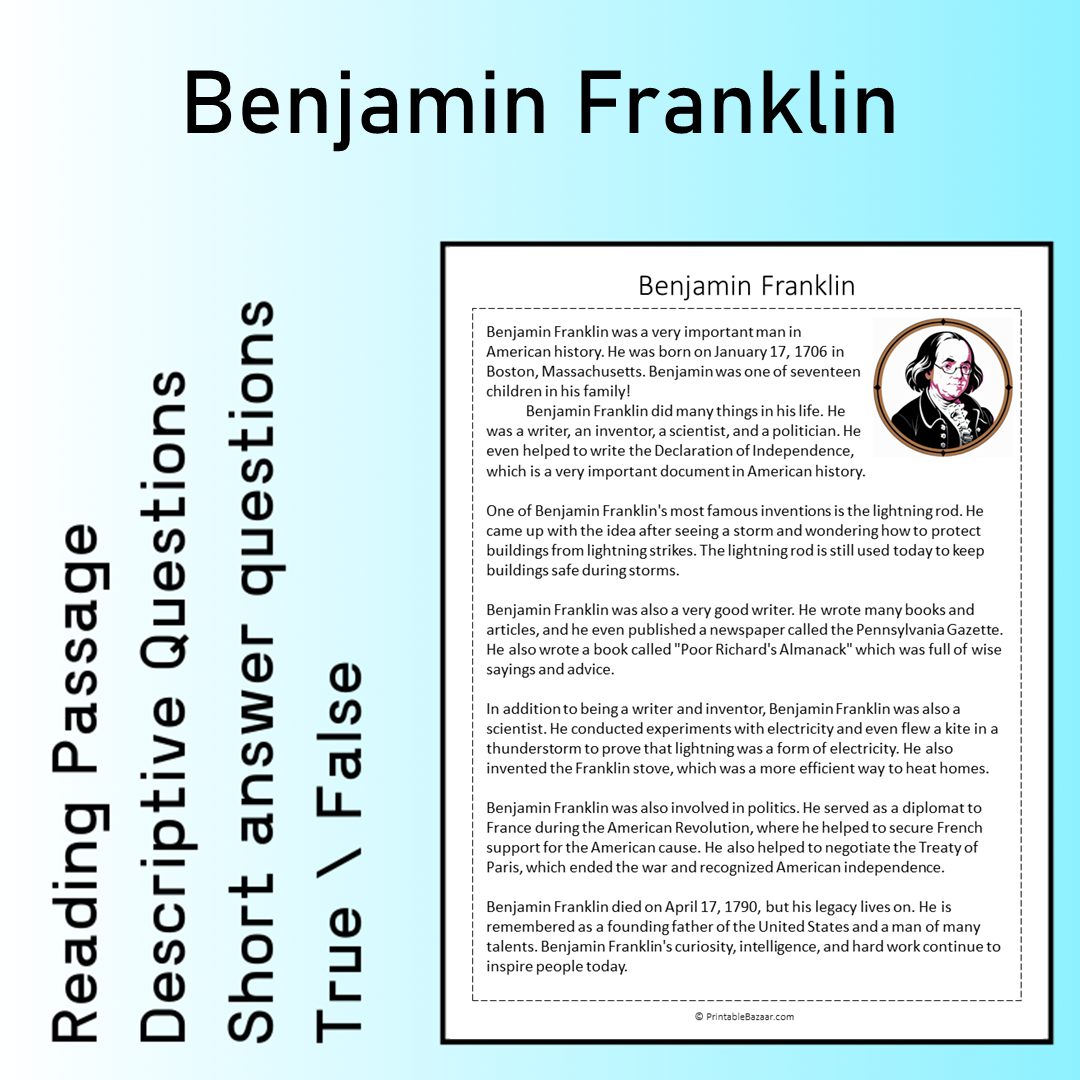 Benjamin Franklin | Reading Comprehension Passage Printable Worksheet