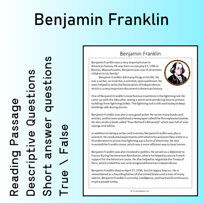 Benjamin Franklin | Reading Comprehension Passage Printable Worksheet
