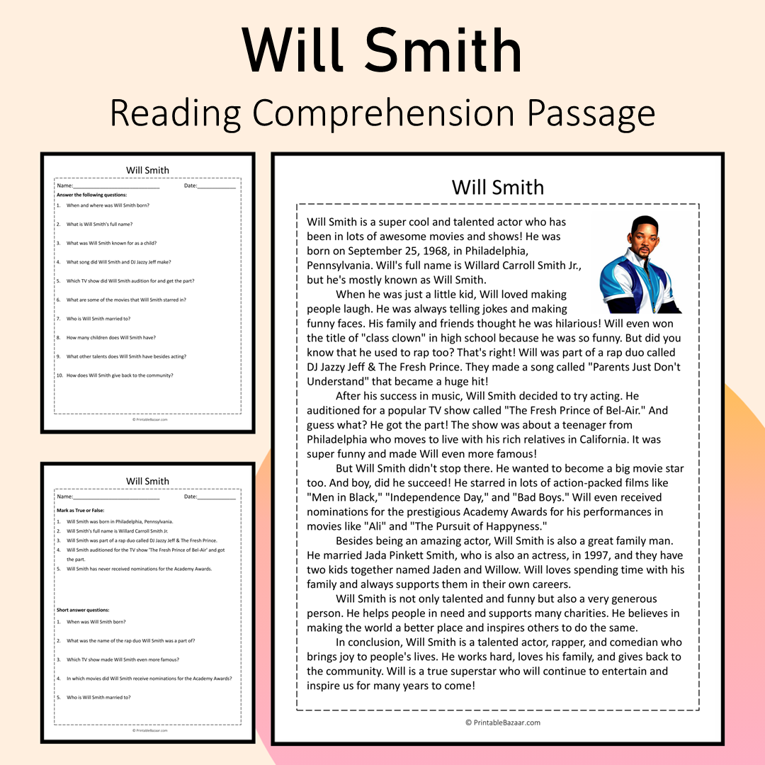 Will Smith | Reading Comprehension Passage Printable Activity