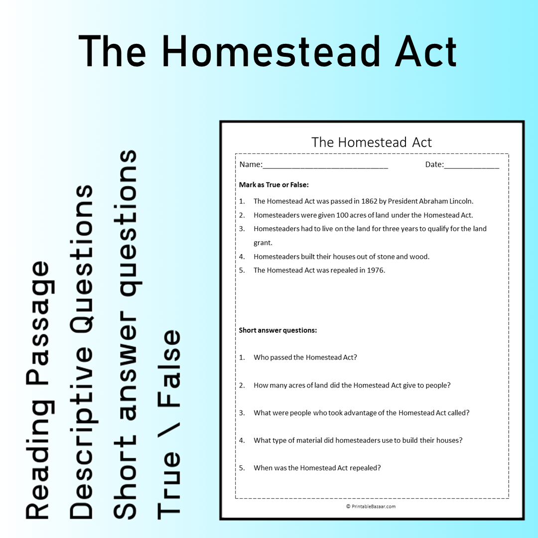 The Homestead Act | Reading Comprehension Passage Printable Worksheet