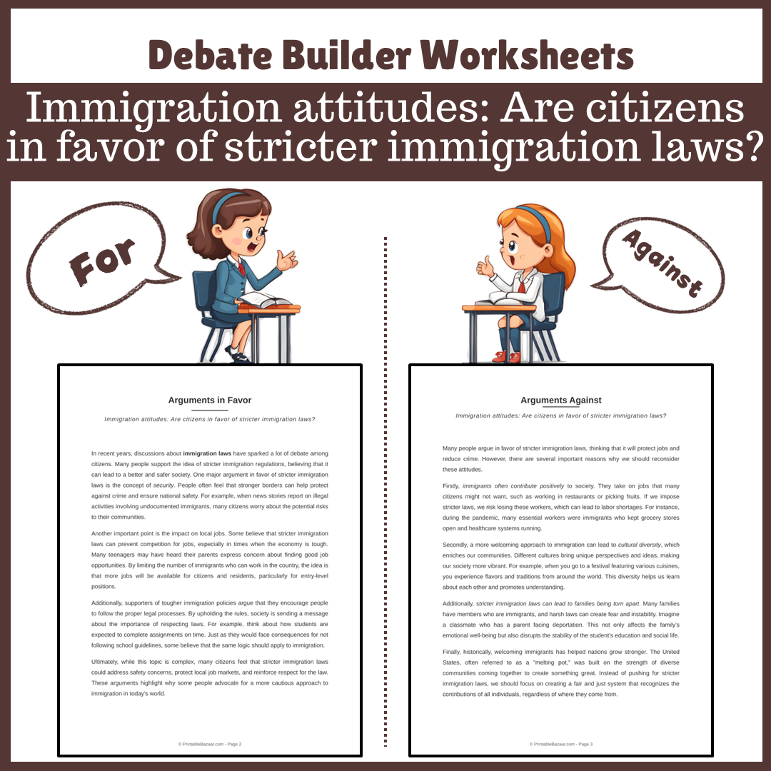 Immigration attitudes: Are citizens in favor of stricter immigration laws? | Favour and Against Worksheet Printable Activity