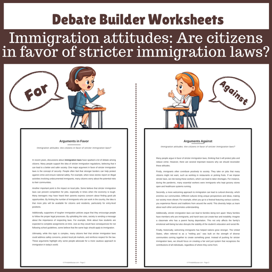 Immigration attitudes: Are citizens in favor of stricter immigration laws? | Favour and Against Worksheet Printable Activity