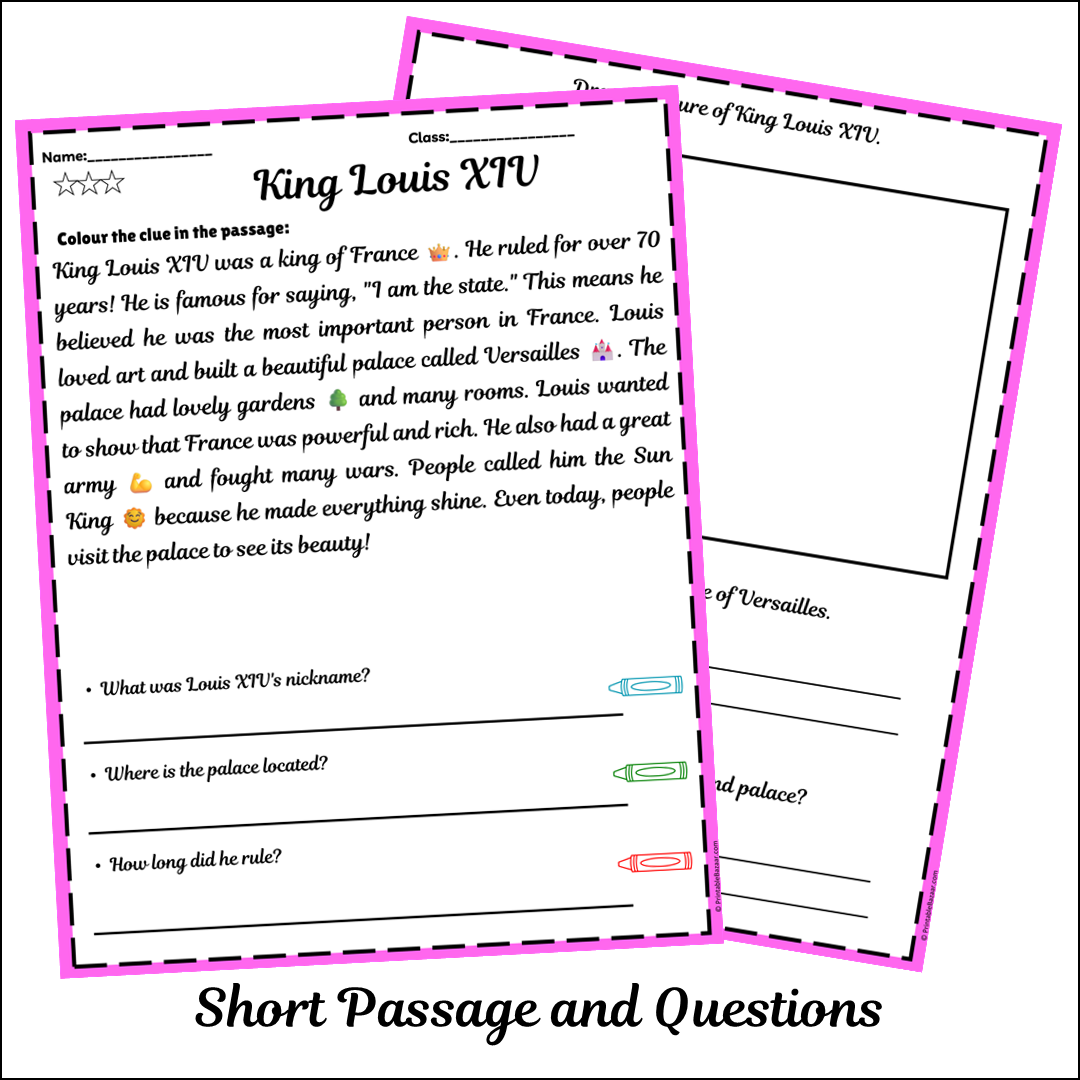 King Louis XIV | Short Reading Comprehension Creative Worksheet