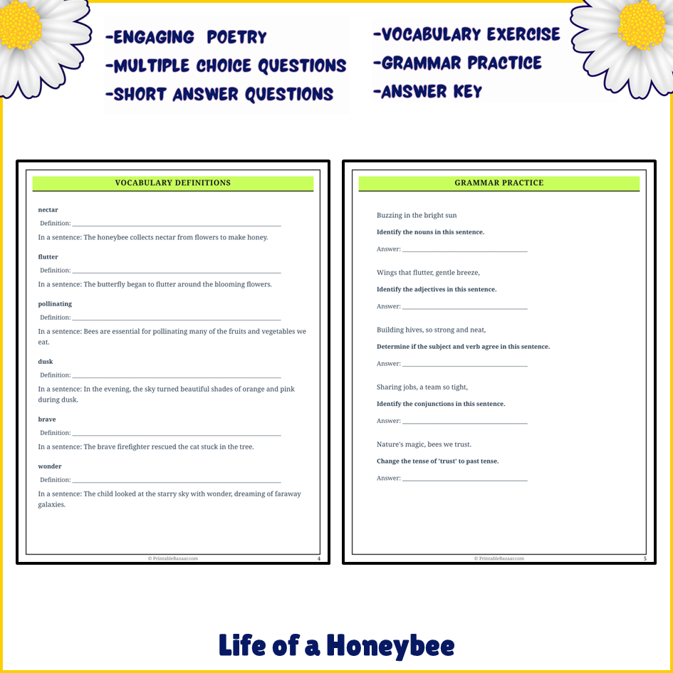 Life of a Honeybee | Poem Grammar Worksheet Printable Activity