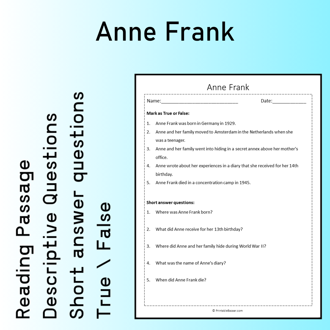 Anne Frank | Reading Comprehension Passage Printable Worksheet