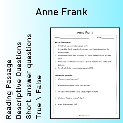 Anne Frank | Reading Comprehension Passage Printable Worksheet