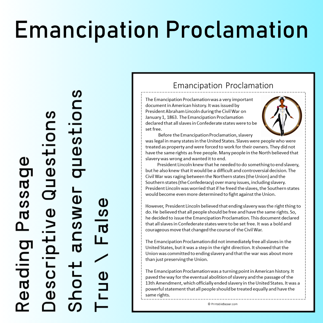 Emancipation Proclamation | Reading Comprehension Passage Printable Worksheet