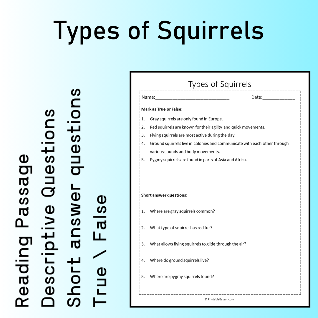 Types of Squirrels | Reading Comprehension Passage Printable Worksheet