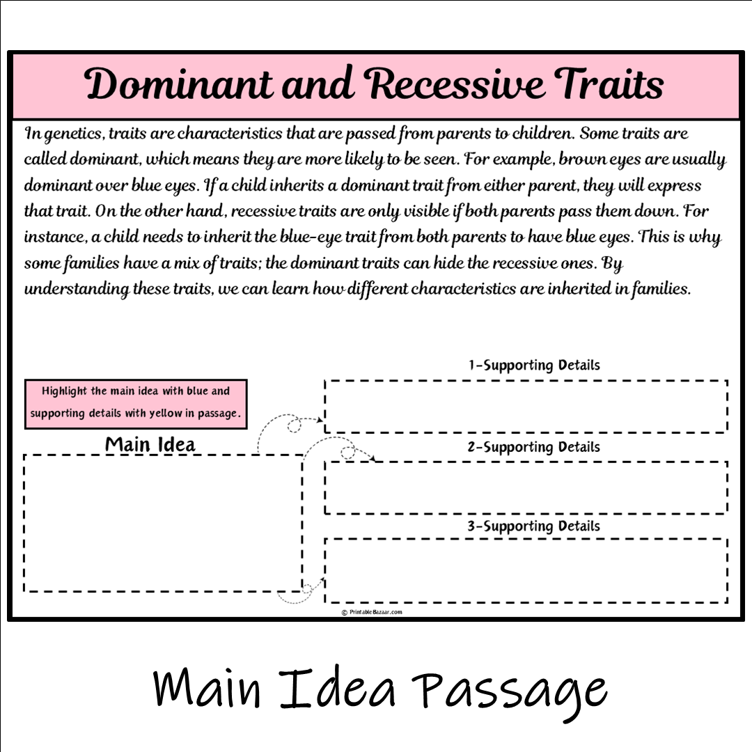 Dominant and Recessive Traits | Main Idea and Supporting Details Reading Passage and Questions