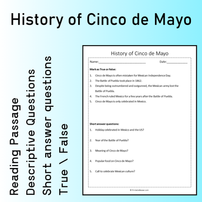 History of Cinco de Mayo | Reading Comprehension Passage Printable Worksheet