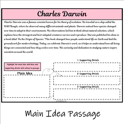 Charles Darwin | Main Idea and Supporting Details Reading Passage and Questions