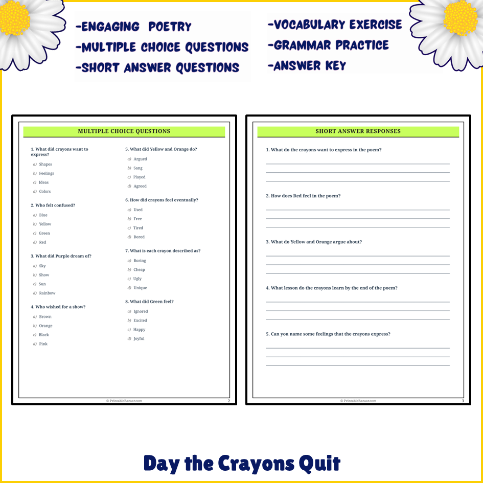 Day the Crayons Quit | Poem Grammar Worksheet Printable Activity