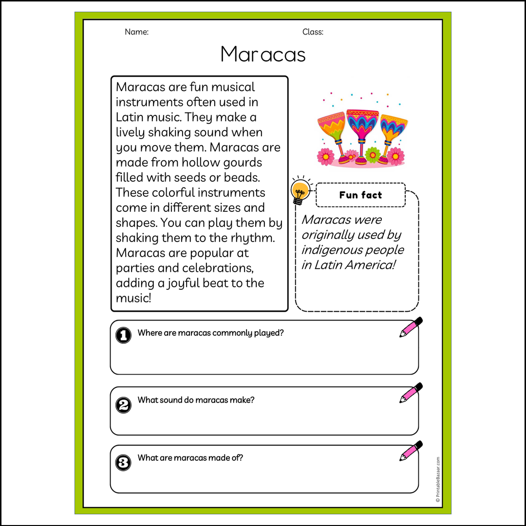 Maracas | Reading Passage Comprehension Questions Writing Facts Worksheet