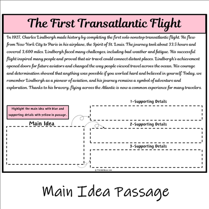 The First Transatlantic Flight | Main Idea and Supporting Details Reading Passage and Questions