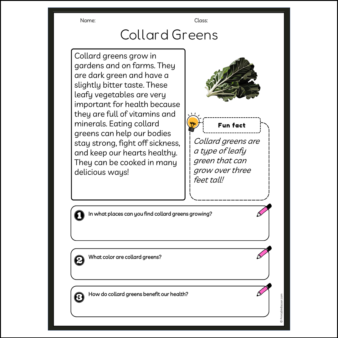 Collard Greens | Reading Passage Comprehension Questions Writing Facts Worksheet