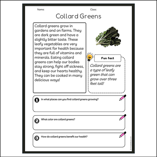 Collard Greens | Reading Passage Comprehension Questions Writing Facts Worksheet