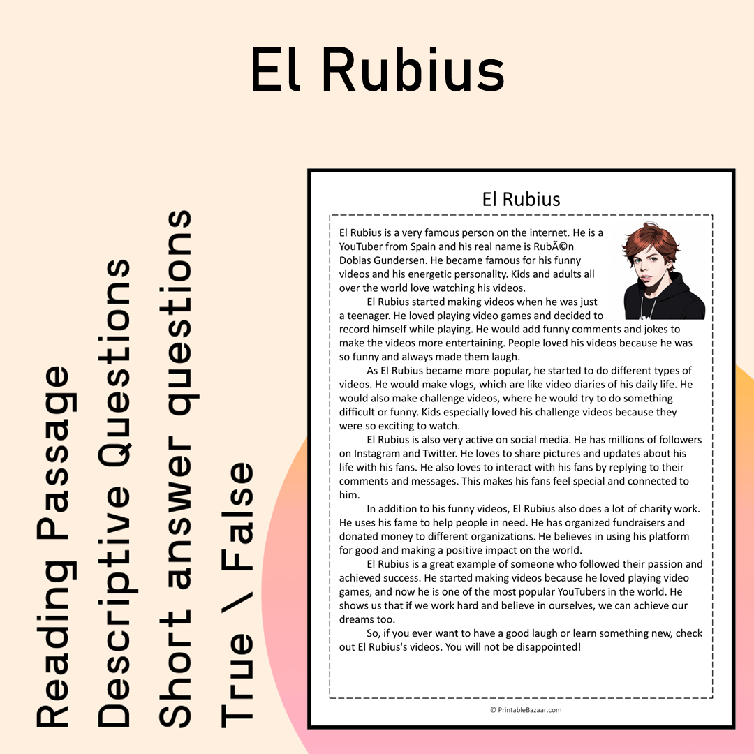 El Rubius | Reading Comprehension Passage Printable Activity