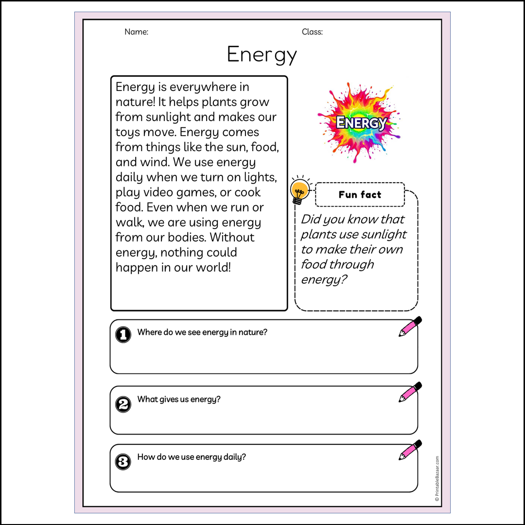 Energy | Reading Passage Comprehension Questions Writing Facts Worksheet