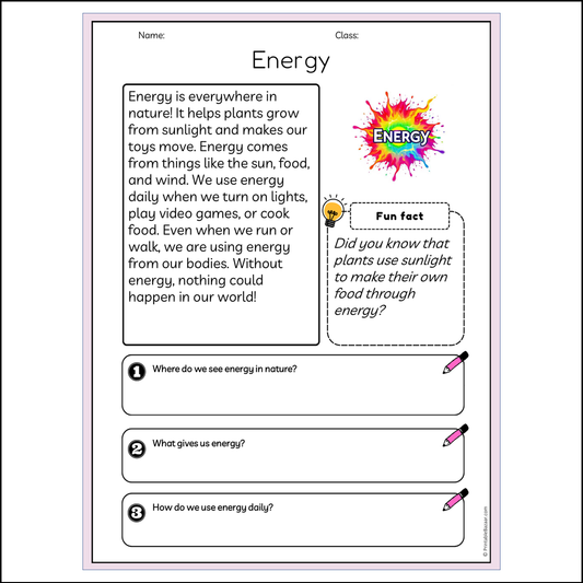 Energy | Reading Passage Comprehension Questions Writing Facts Worksheet