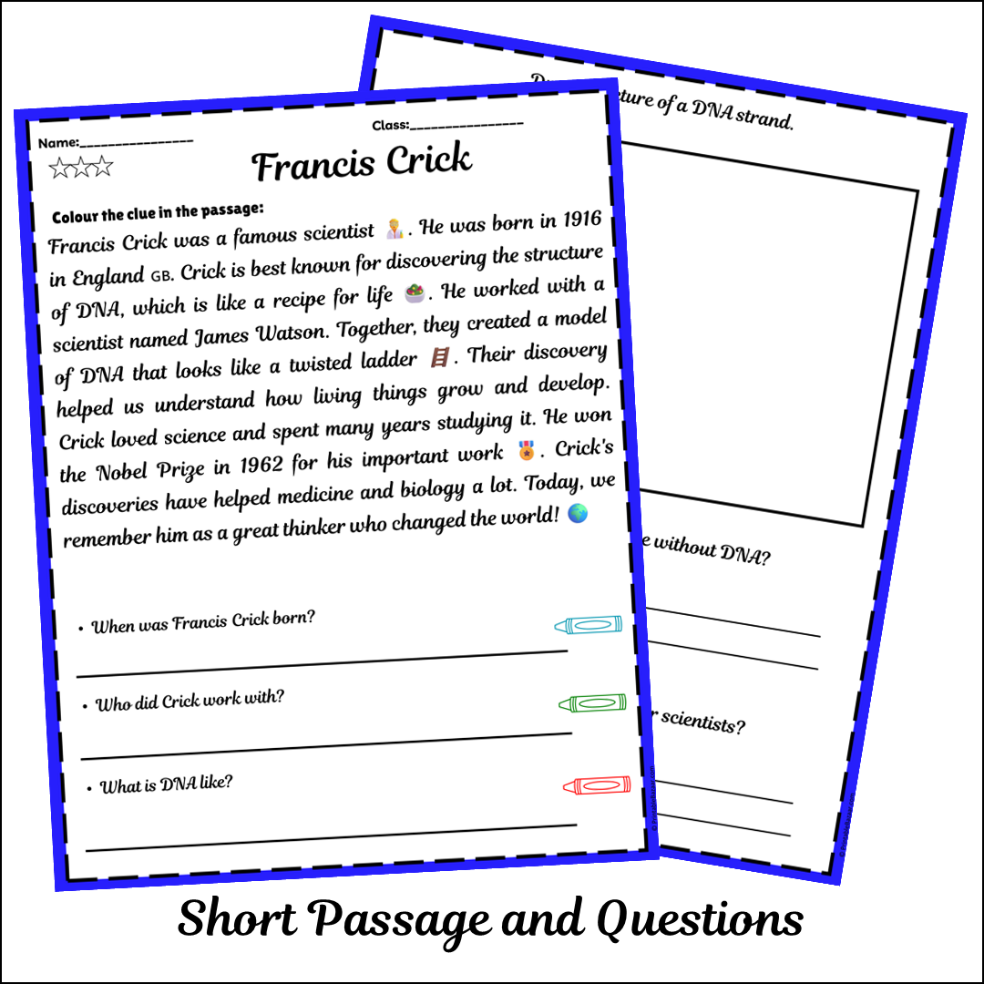 Francis Crick | Short Reading Comprehension Creative Worksheet