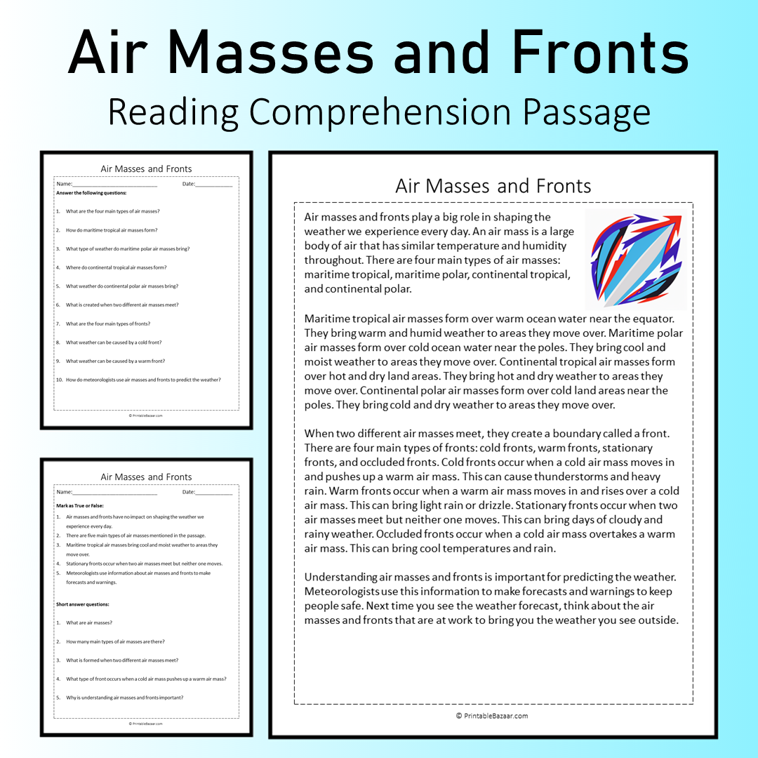 Air Masses and Fronts | Reading Comprehension Passage Printable Worksheet