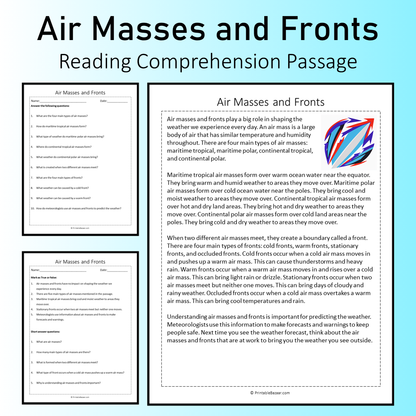 Air Masses and Fronts | Reading Comprehension Passage Printable Worksheet