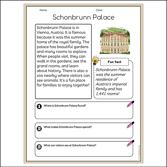 Schonbrunn Palace | Reading Passage Comprehension Questions Writing Facts Worksheet