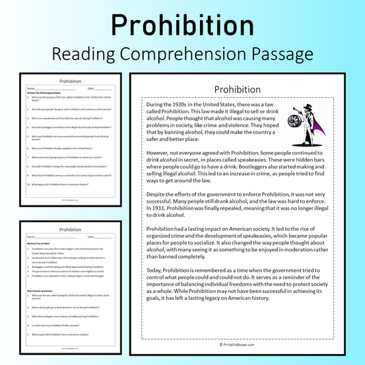 Prohibition | Reading Comprehension Passage Printable Worksheet
