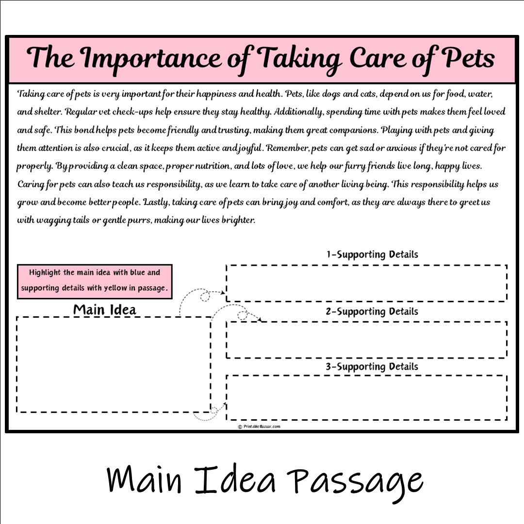 The Importance of Taking Care of Pets | Main Idea and Supporting Details Reading Passage and Questions