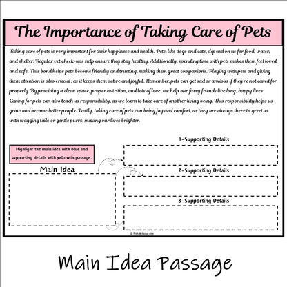 The Importance of Taking Care of Pets | Main Idea and Supporting Details Reading Passage and Questions