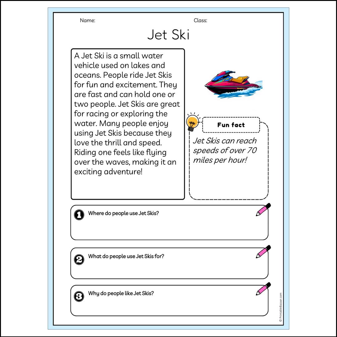 Jet Ski | Reading Passage Comprehension Questions Writing Facts Worksheet