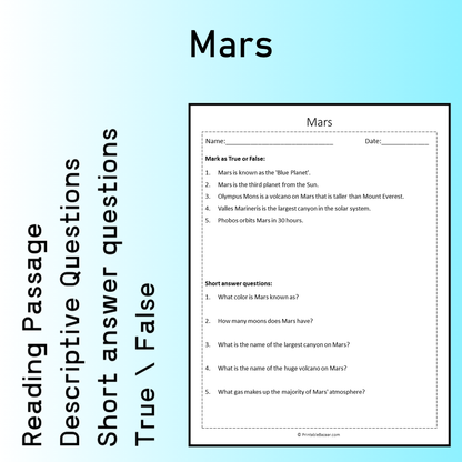Mars | Reading Comprehension Passage Printable Worksheet